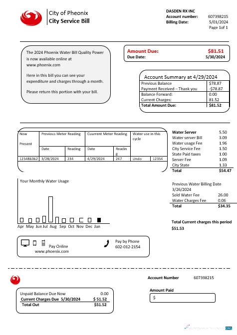 USA Arizona City of Phoenix business utility bill template in Word and PDF formats